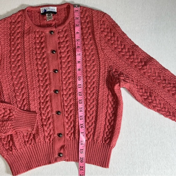 Vintage Allen Länder 100% Pure New Wool Cable Knit Cardigan Sweater in Pink S/M - Picture 2 of 10